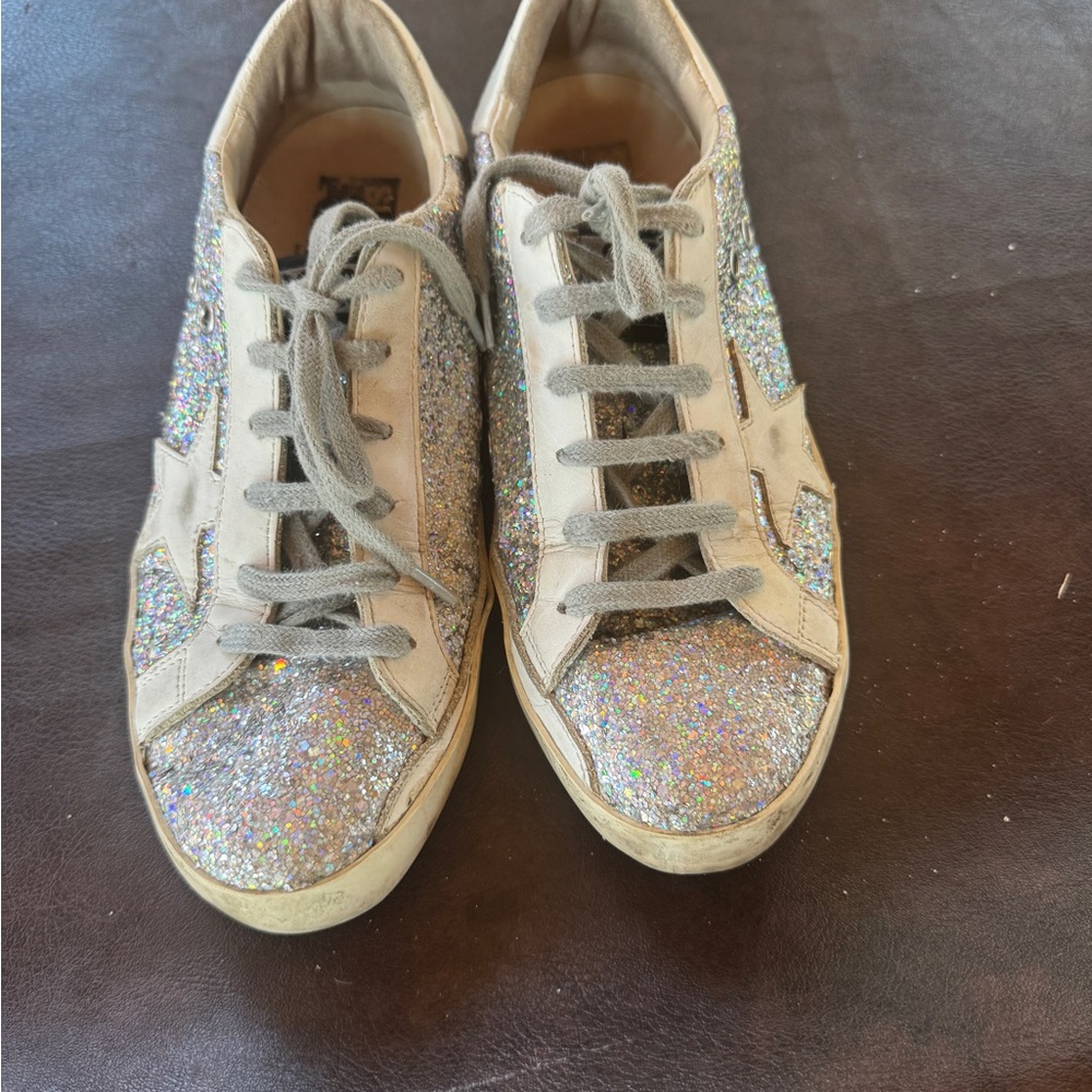 Golden Goose Silver Tan Sneakers Sparkly Low-Top